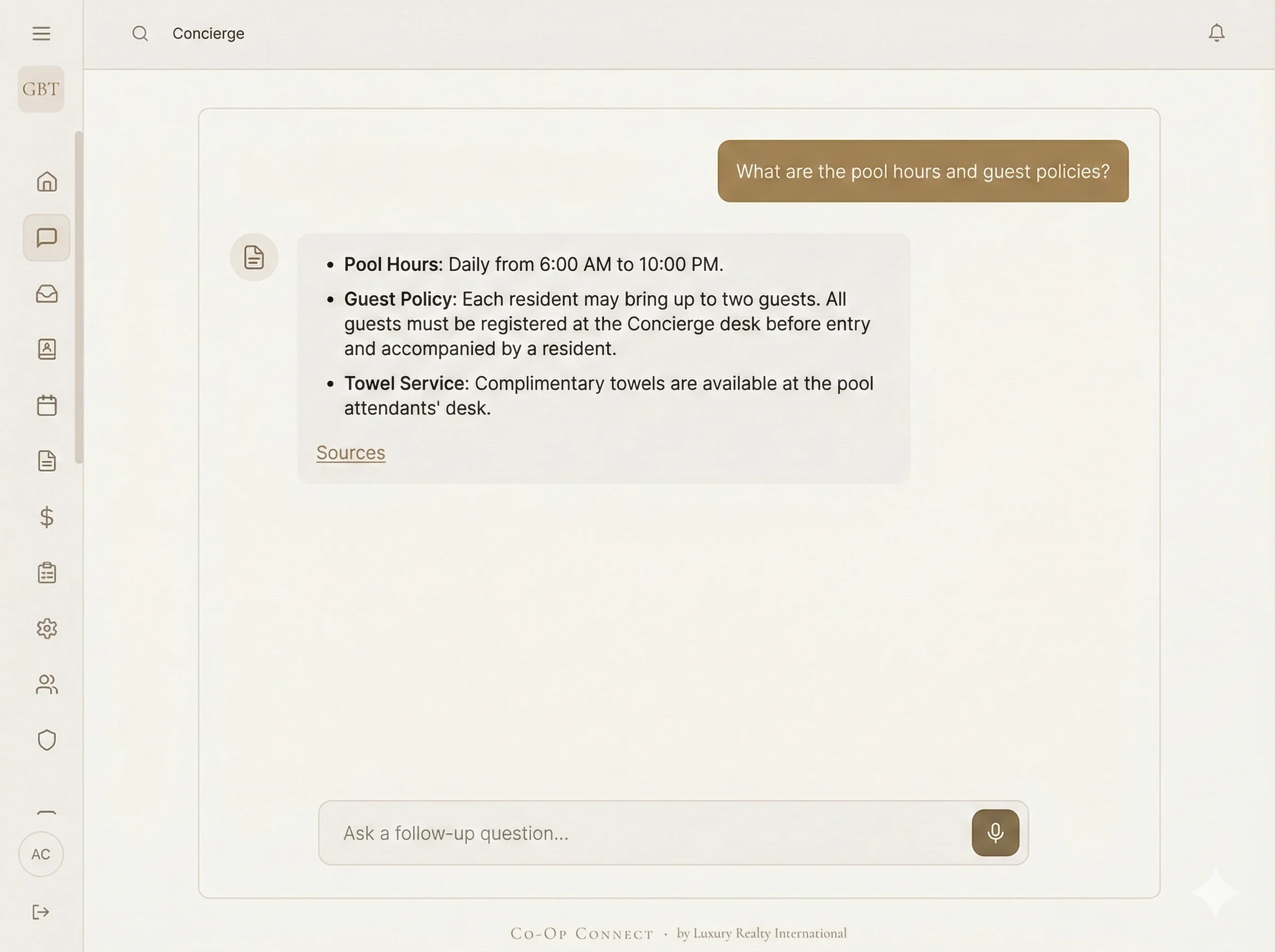 AI concierge chat interface for luxury residential property management