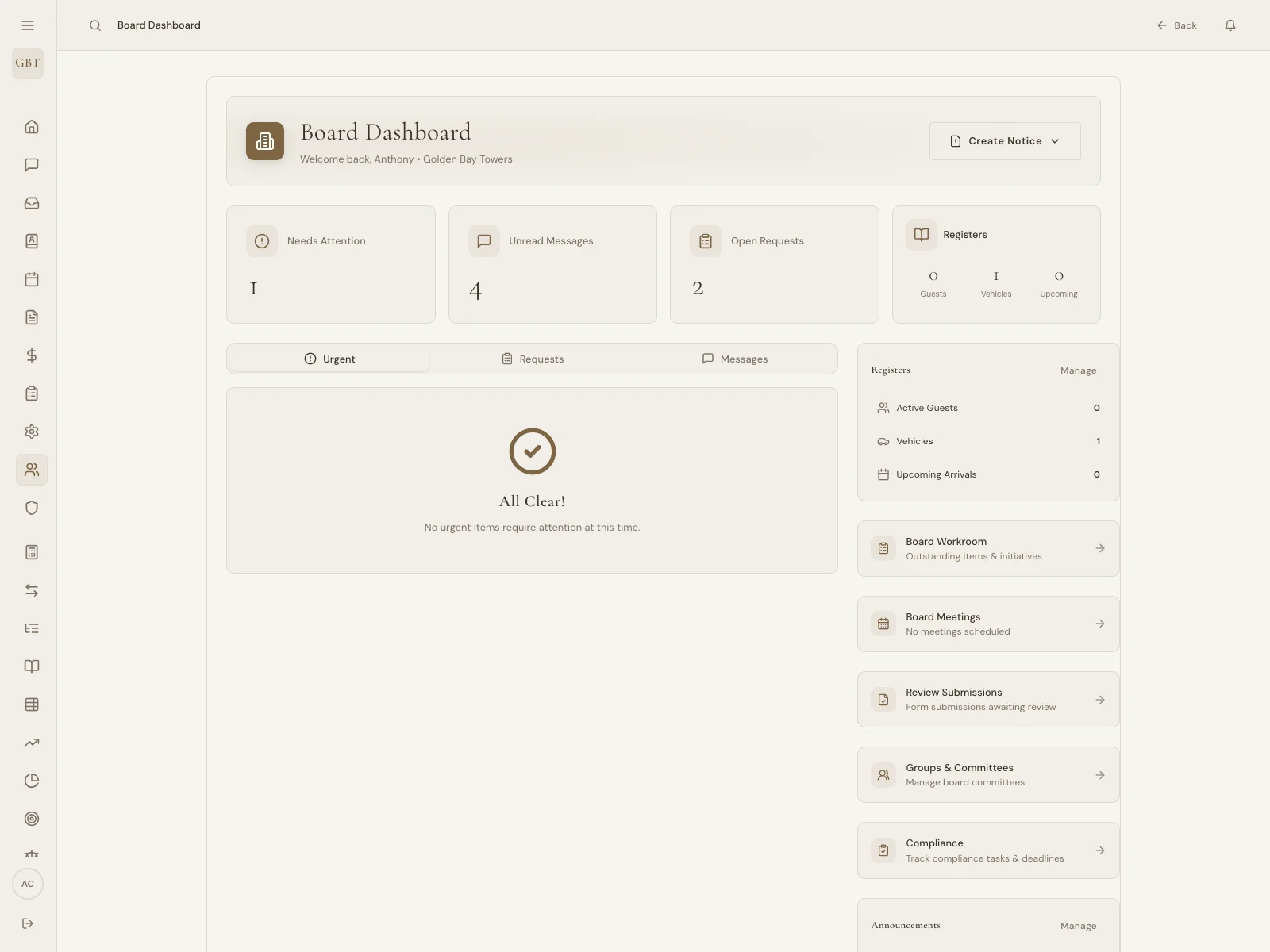 Board governance dashboard showing meeting management and compliance tracking