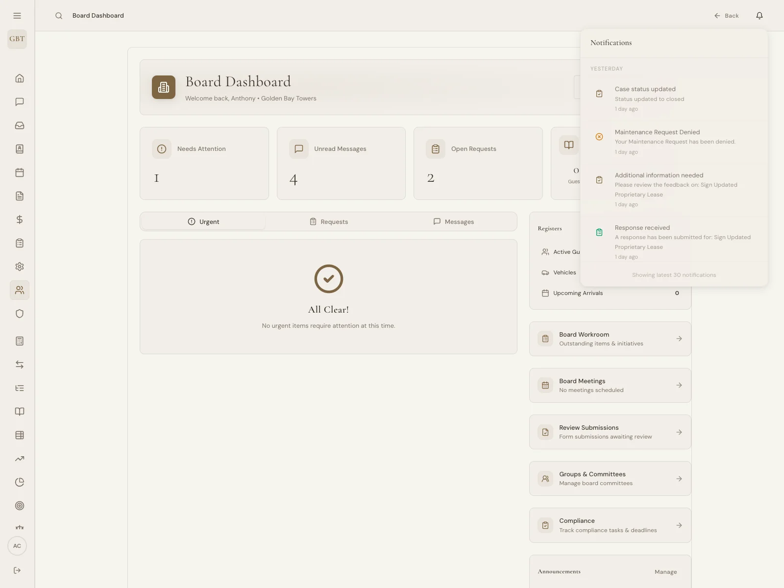 Real-time notification system for property management with email and in-app alerts