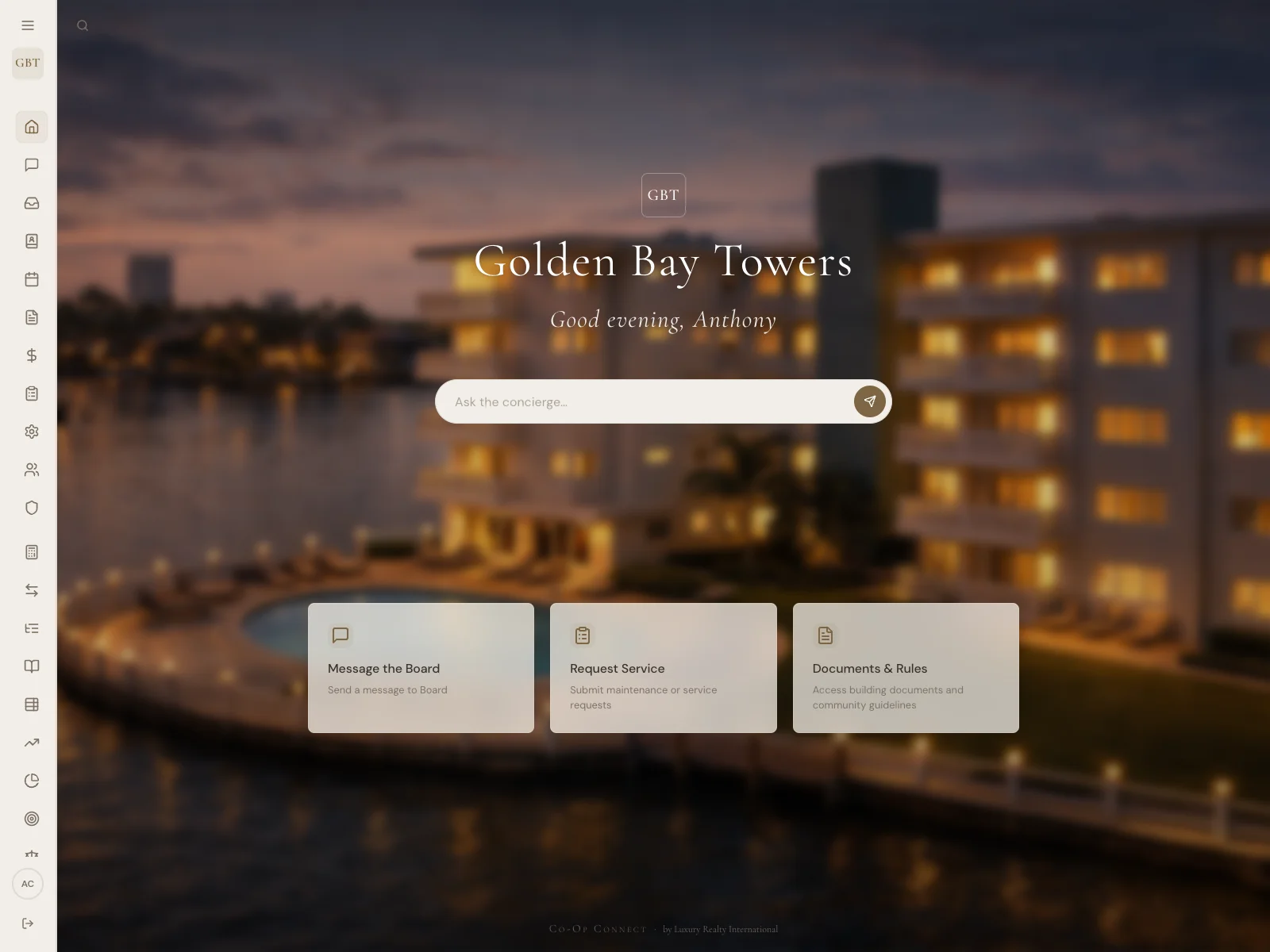 Luxury resident portal with announcements, services, and community features