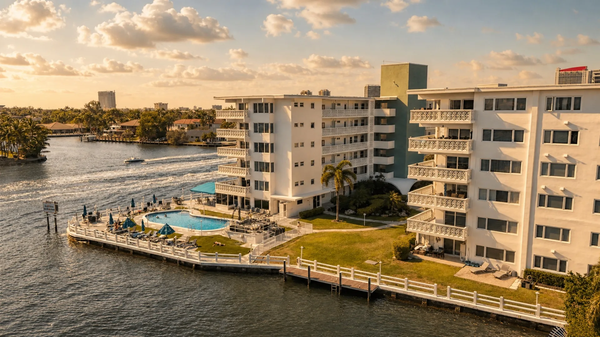 Golden Bay Towers at golden hour — twin six-story waterfront cooperative on the Intracoastal Waterway in Hallandale Beach, Florida