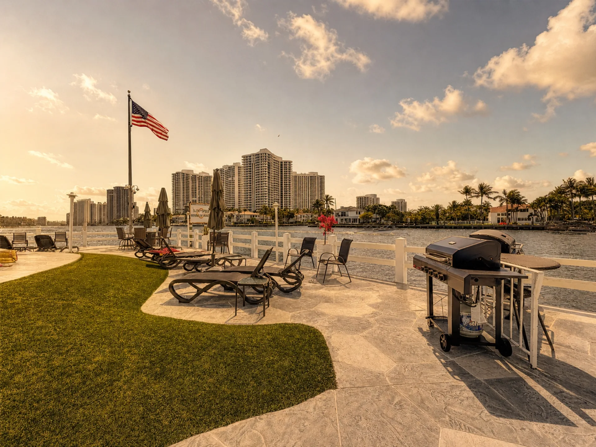 The waterfront sun deck at Golden Bay Towers, looking out over the Intracoastal Waterway