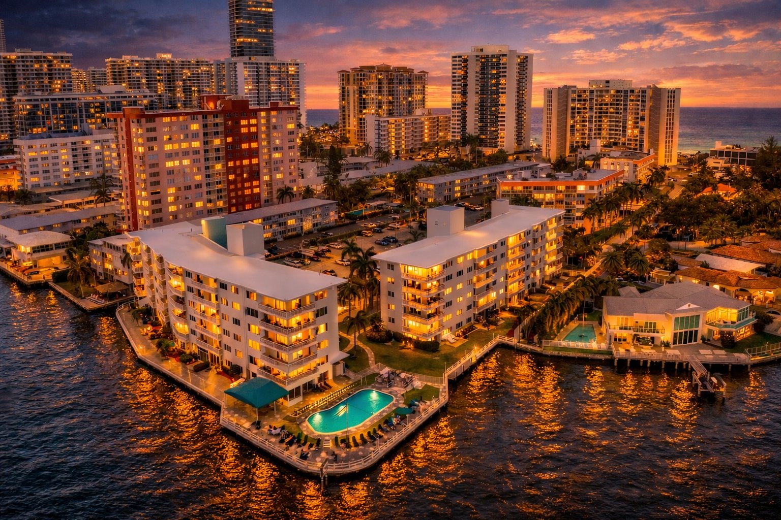Golden Bay Towers at dusk — twin six-story waterfront cooperative on the Intracoastal Waterway in Hallandale Beach, Florida